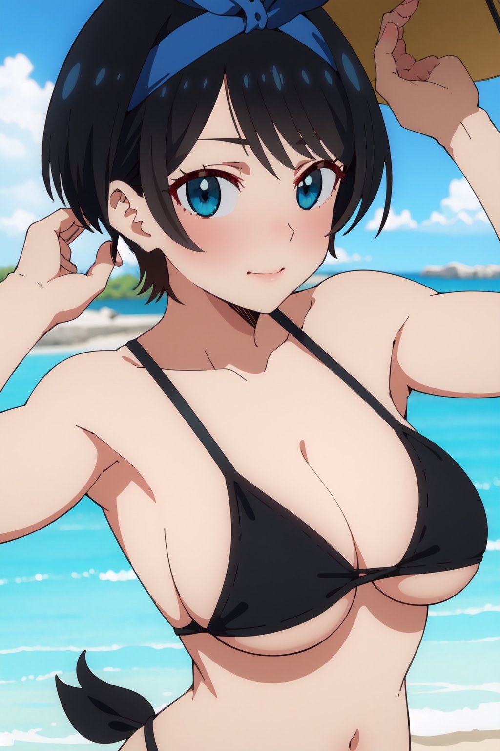 1girl, perfect,light,front view,front facing, 1girl, black hair, hairband, short hair, solo, hairband, blue eyes,ruka,  1 girl,High detailed,,short hair,,, 1girl,medium breasts, sarashina ruka, black hair, breasts, boobs,REIOVABIKINI, bikini, beach, 