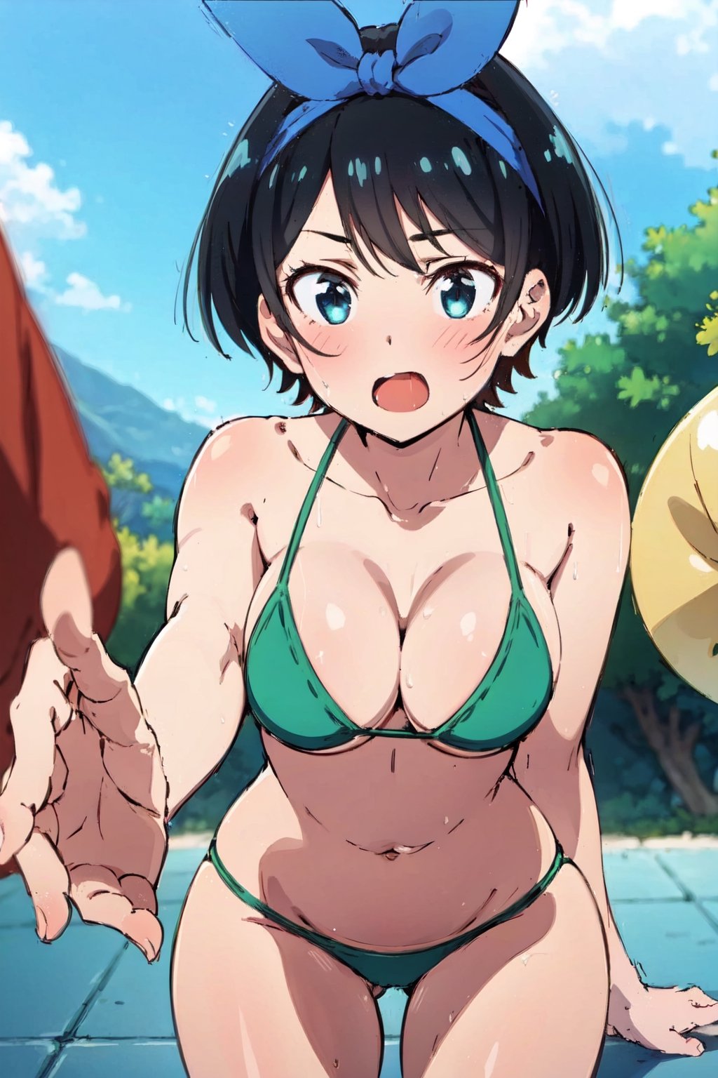 1girl, perfect,light,front view,front facing, 1girl, black hair, hairband, short hair, solo, hairband, blue eyes,ruka,  1 girl,High detailed,,short hair,,, 1girl,medium breasts, sarashina ruka, black hair, breasts, boobs,REIOVABIKINI, bikini, beach, front view,RukaSarashina