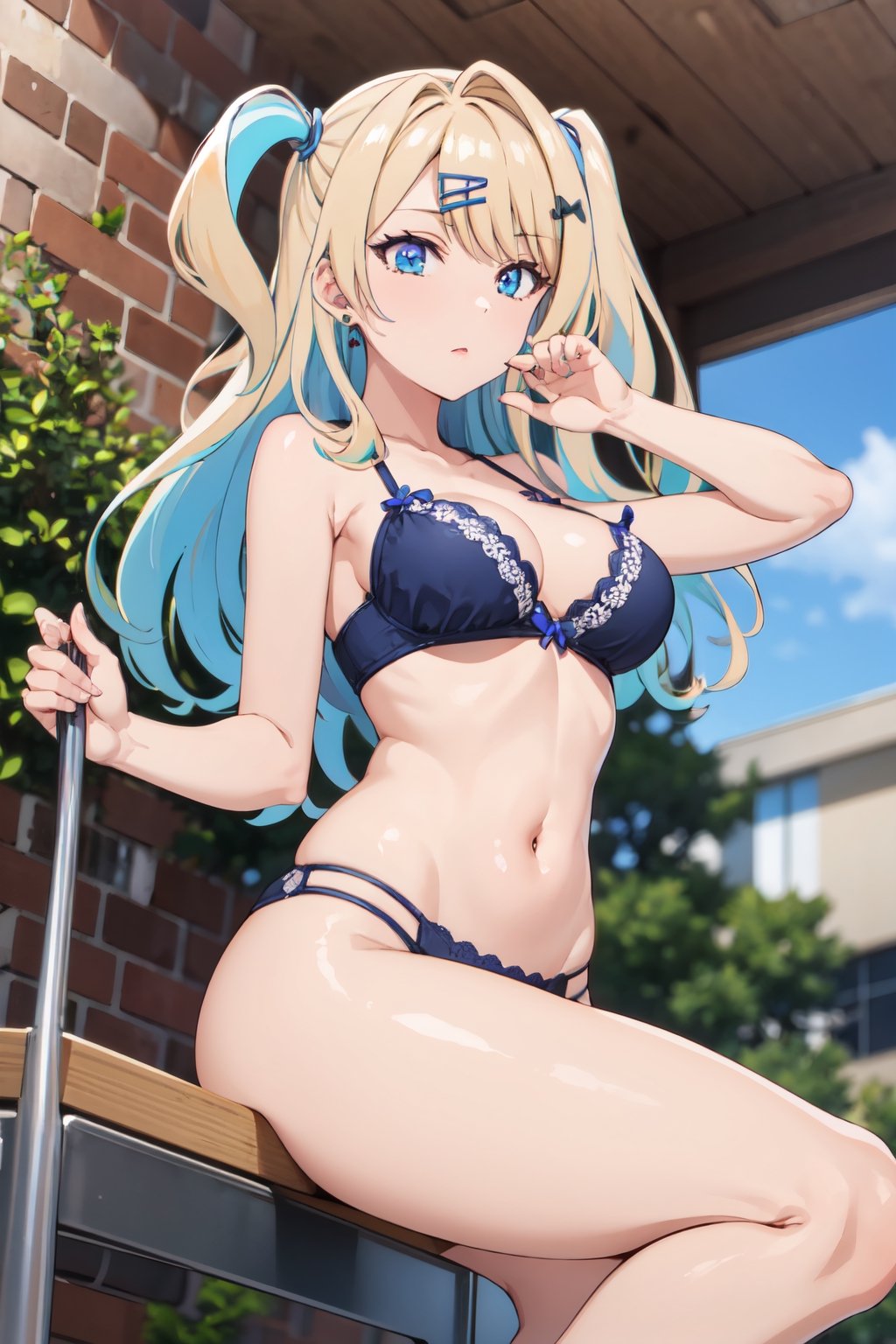 1girl, perfect,light,front view, front facing, ShirakawaRuna, 1girl, blonde hair, multicolored hair, bangs, one side up, long hair, blue eyes, hairclip, jewelry, earrings, medium breasts, gyaru,1 girl,High detailed,xy pose, full view, cleavage, navel, thighs, from below, close up, ,lingerie,ShirakawaRuna, 1girl