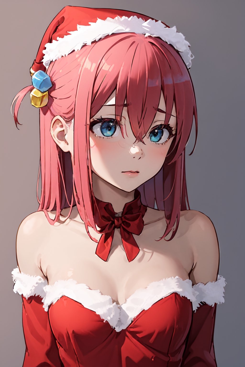 1girl, perfect,light,front view,front facing, best quality, aesthetics, detailed, alone, gotou1, gotou hitori, solo,  bangs, hair between eyes, long sleeves, medium breasts,  1 girl,High detailed,,Santa hat,short hair,santa costume,sntdrs,1girl,gotou1