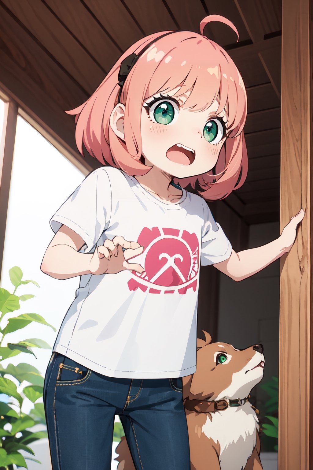 1girl,orgasm,anya \(spyxfamily\),ahoge,female child,hairpods,medium hair,pinkhair,greeneyes,,perfect,light,front view,front facing,sexy pose,doggy pose,jeans shorts,shirt, anya