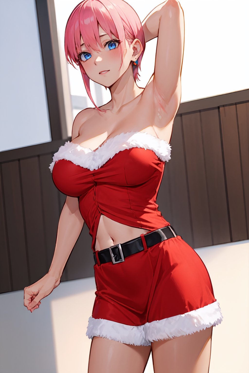 1girl, perfect,light,front view, front facing, ichika nakano, short hair, bangs, blue eyes, hair between eyes, pink hair, earrings,1 girl,High detailed,xy pose, full view, cleavage, navel, thighs,ichika nakano, from below, close up, ,sntdrs, red santa dress, fur, belt, huge breasts