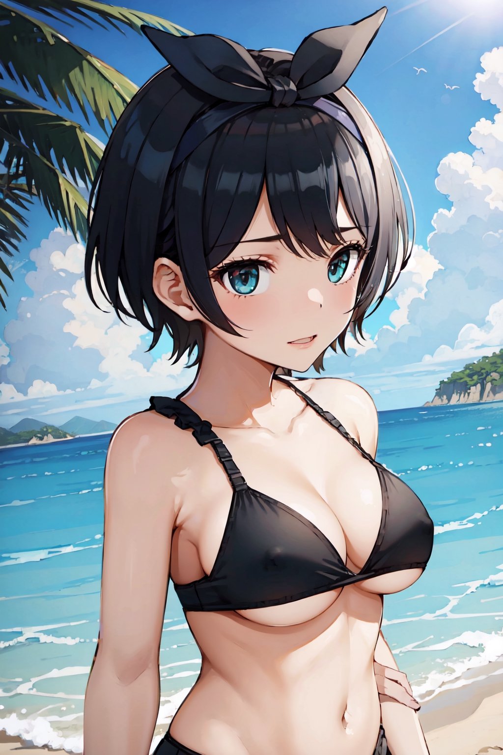 1girl, perfect,light,front view,front facing, 1girl, black hair, hairband, short hair, solo, hairband, blue eyes,ruka,  1 girl,High detailed,,short hair,,, 1girl,medium breasts, sarashina ruka, black hair, breasts, boobs,REIOVABIKINI, bikini, beach, 