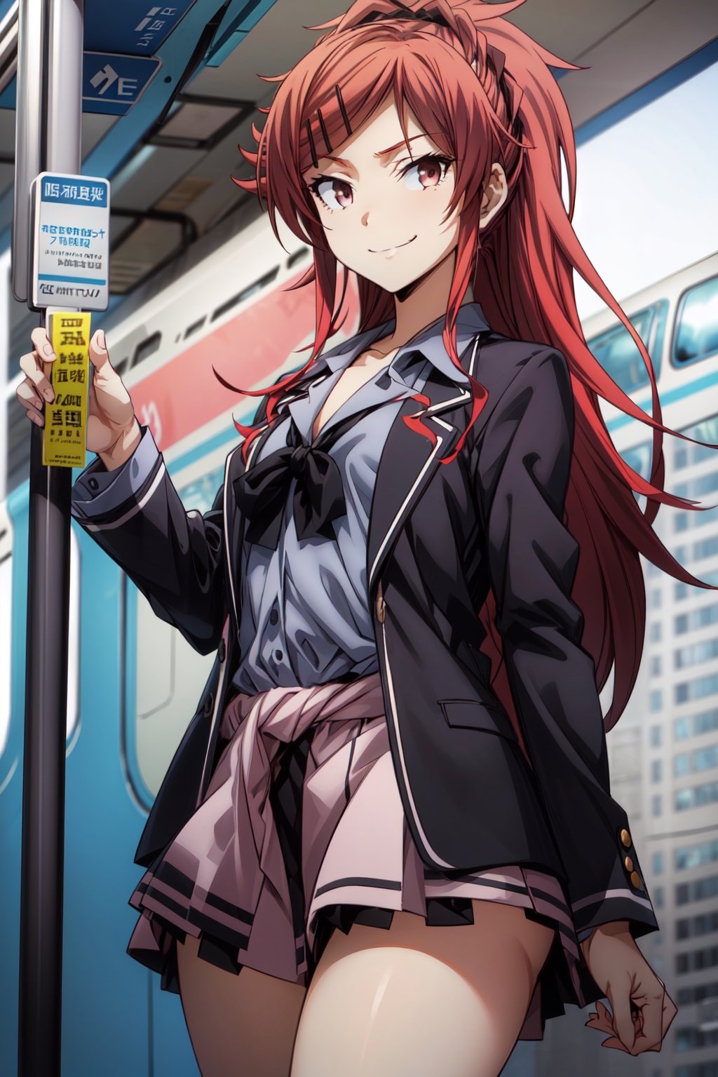 solo, 1girl, looking at viewer, 2D, anime, anime coloring, (metro train background:1.3), , asuha chigusa, school uniform, looking at viewer, smile, smirk,asuha chigusa,mini skirt,unbuttoned shirt,sexy model pose,HD,thighs,clevage,flaunting,flash,