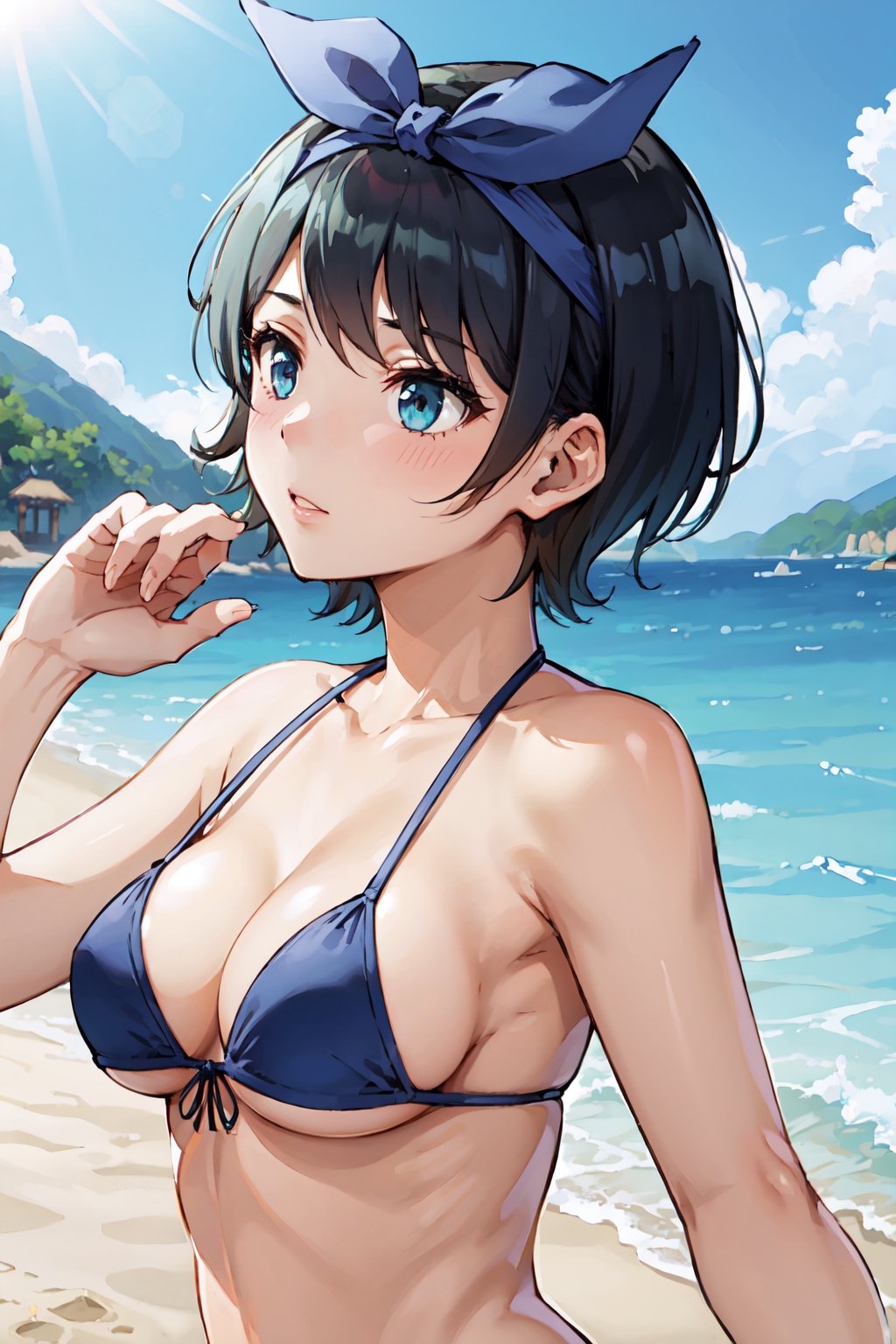 1girl, perfect,light,front view,front facing, 1girl, black hair, hairband, short hair, solo, hairband, blue eyes,ruka,  1 girl,High detailed,,short hair,,, 1girl,medium breasts, sarashina ruka, black hair, breasts, boobs,REIOVABIKINI, bikini, beach, 