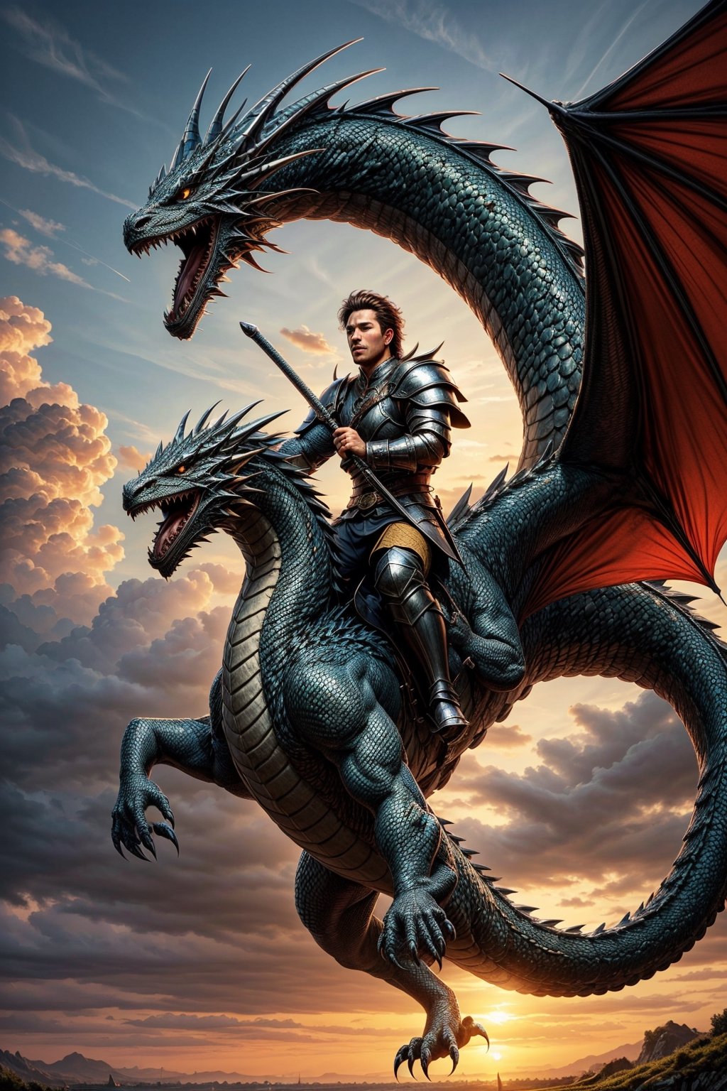 high quality, highly detailed, fantasy, warrior man,man,riding dragon ,warrior,wearing Armor,sword in hand,dragon,beautiful sky,clouds, sunlight,intricate lighting,potrait,ws7,flying in sky,sky lantern,Riding dragon ,Dragon 