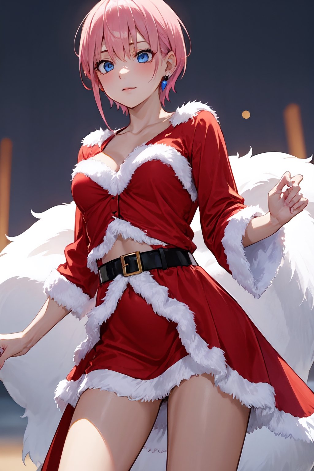 1girl, perfect,light,front view, front facing, ichika nakano, short hair, bangs, blue eyes, hair between eyes, pink hair, earrings,1 girl,High detailed,xy pose, full view, cleavage, navel, thighs,ichika nakano, from below, close up, ,sntdrs, red santa dress, fur, belt