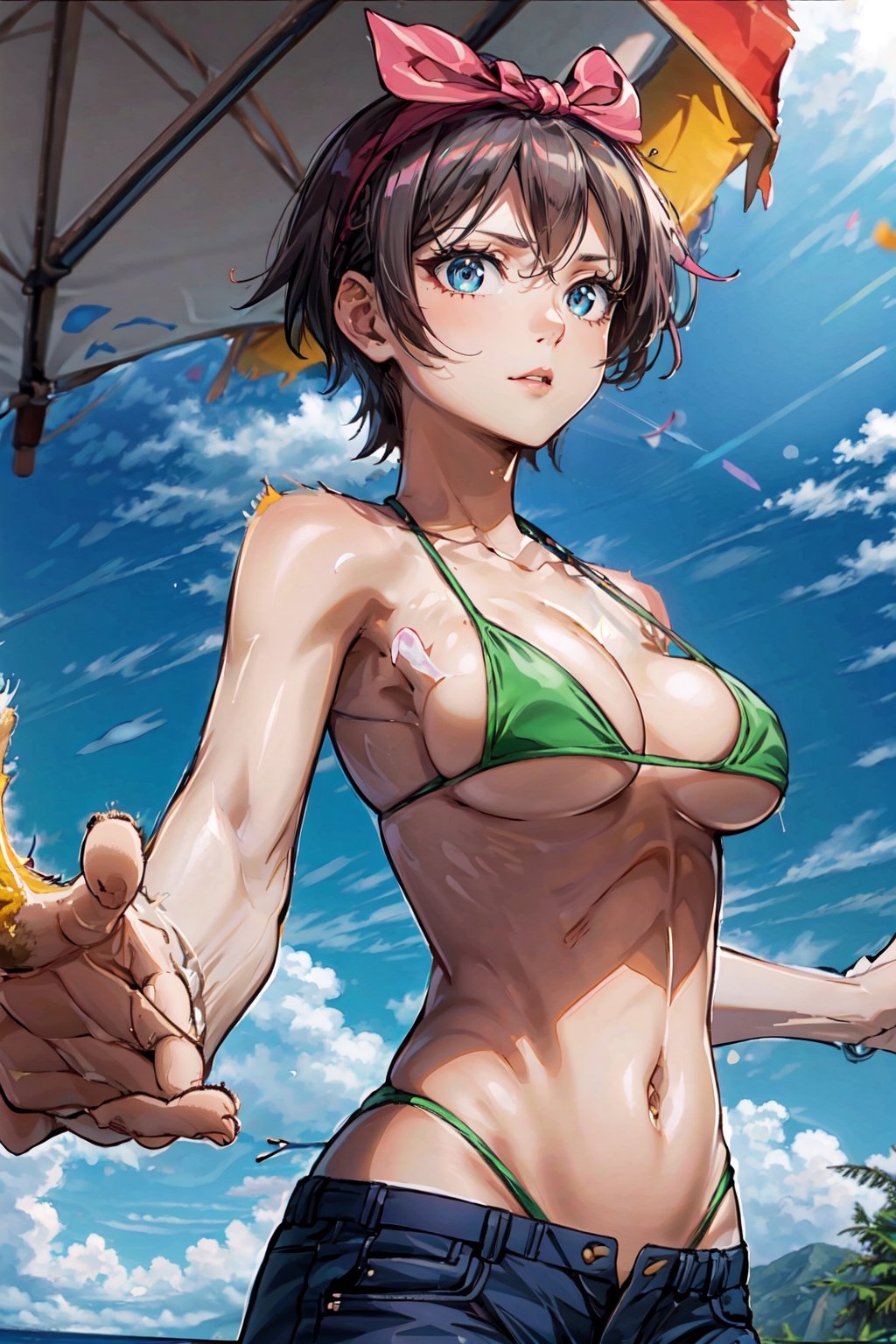 1girl, perfect,light,front view,front facing, 1girl, black hair, hairband, short hair, solo, hairband, blue eyes,ruka,  1 girl,High detailed,,short hair,,, 1girl,medium breasts, sarashina ruka, black hair, breasts, boobs,REIOVABIKINI, bikini, beach, 