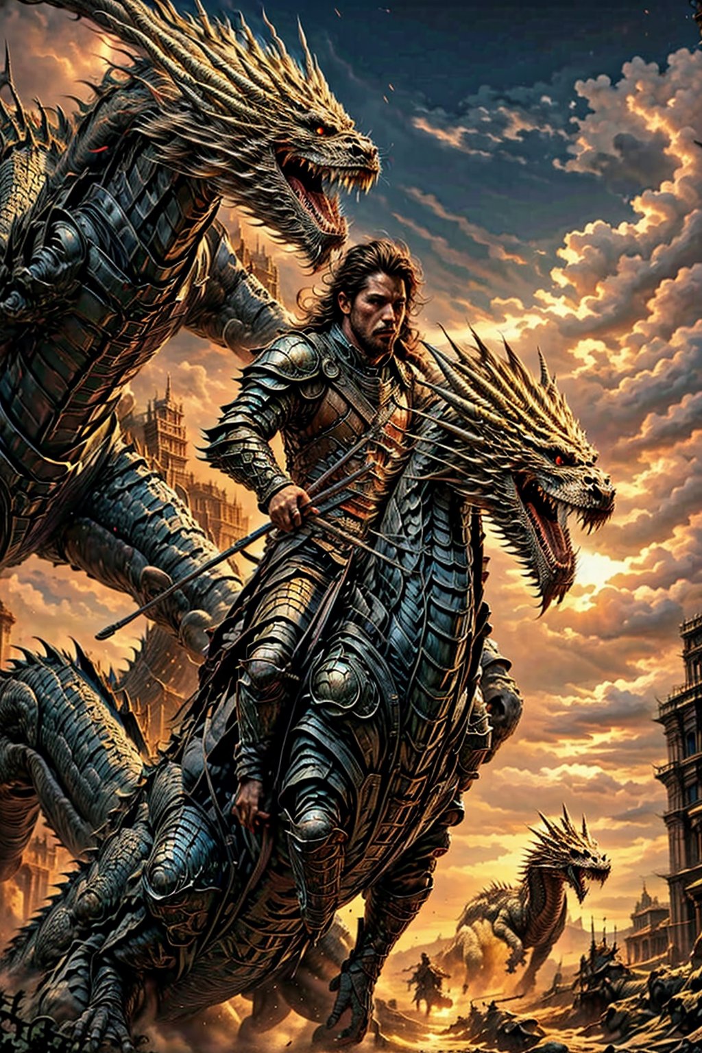 high quality, highly detailed, fantasy, warrior man,man,riding dragon ,warrior,wearing Armor,sword in hand,dragon,beautiful sky,clouds, sunlight,intricate lighting,potrait,ws7