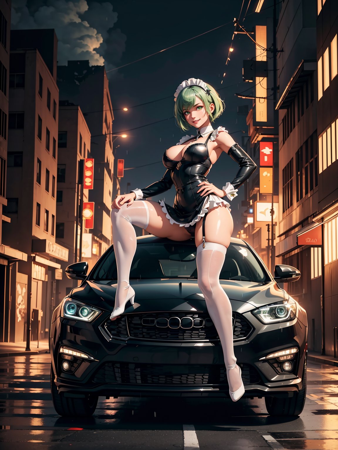 A woman wearing black maid's attire with white skirt, extremely tight and short costume and skirt, gigantic breasts, very short green hair, bangs in front of her eyes, (((erotic pose interacting and leaning on a vehicle))), in a completely destroyed city, burning buildings, is at night raining hard, ((full body):1.5). 16k, UHD, best possible quality, best possible detail, best possible resolution, Unreal Engine 5, professional photography,