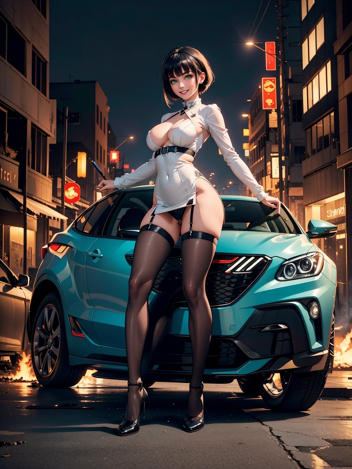 A woman wearing black maid's attire with white skirt, extremely tight and short costume and skirt, gigantic breasts, very short green hair, bangs in front of her eyes, (((erotic pose interacting and leaning on a vehicle))), in a completely destroyed city, burning buildings, is at night raining hard, ((full body):1.5). 16k, UHD, best possible quality, best possible detail, best possible resolution, Unreal Engine 5, professional photography,