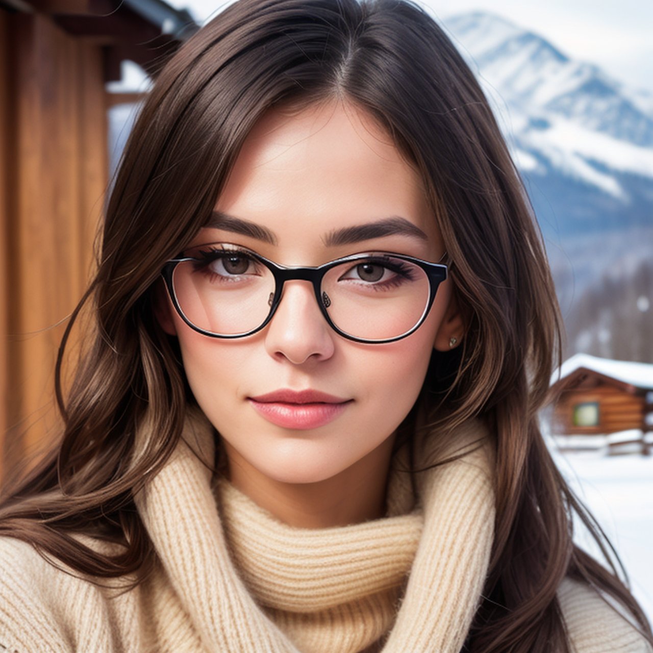 A photo of emb-babs, as a beautiful woman in a thick sweater, wearing stylish glasses, in a ski cabin, (looking at the camera), photoshoot style, seductive expression, 8k HD, RAW, dslr, perfect features, flawless skin, skin pores, professional, masterpiece, (photorealistic:1.4), detailed, intricate, high resolution, detailed background, fcDetailPortrait,  epiCRealism, OverallDetail.