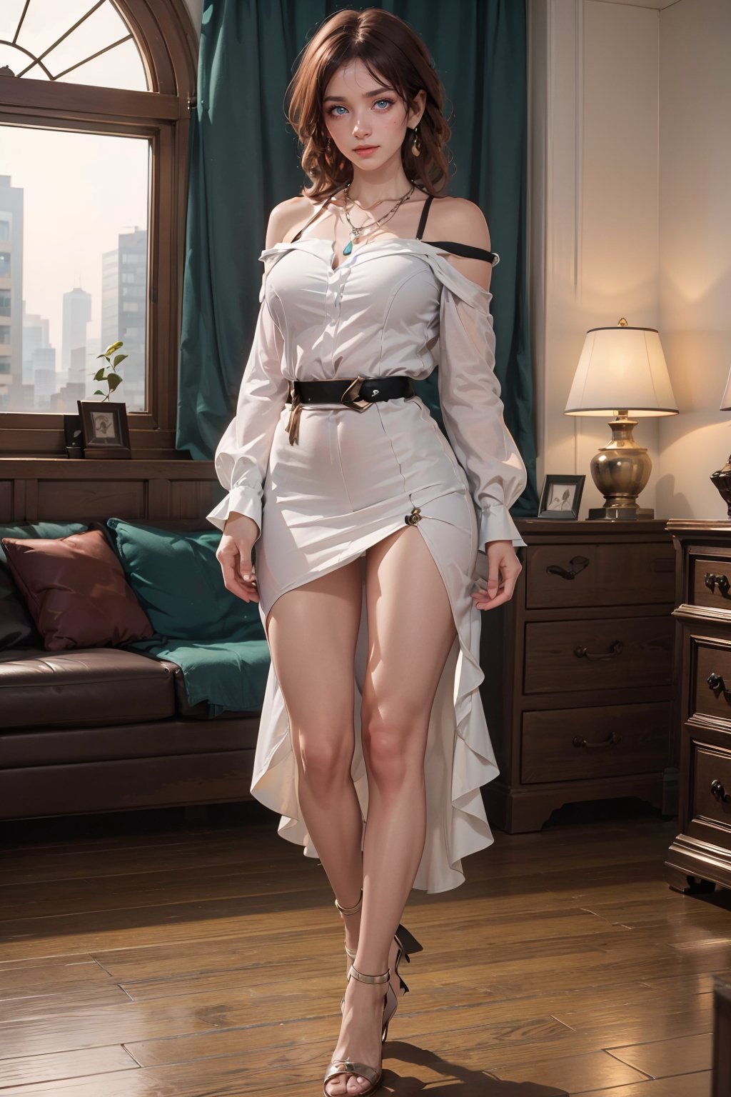 mj3d style,3dmm,3d,(full body shot:1.3), bokeh:1.2, indoors, standing in high-heels, looking at viewer,((shirt tug, over-sized white shirt with shoulders showing, necklace)), (22 years old woman), medium breast, small waist, long brown flowing hair glamour, (green eyes, beautiful eyes), beautiful face, perfect illumination, beautiful detailed eyes, looking at viewer, stunningly beautiful woman, detailed hairstyle,  good hands,  detailed hands, good feet, (8k, RAW photo, best quality, masterpiece:1.2), (realistic, photo-realistic:1.37), ultra high res, photon mapping, radiosity, physically-based rendering, (ambient light:1.3), (cinematic composition:1.0),professional soft lighting, light on face, ,Kafka(hsr)