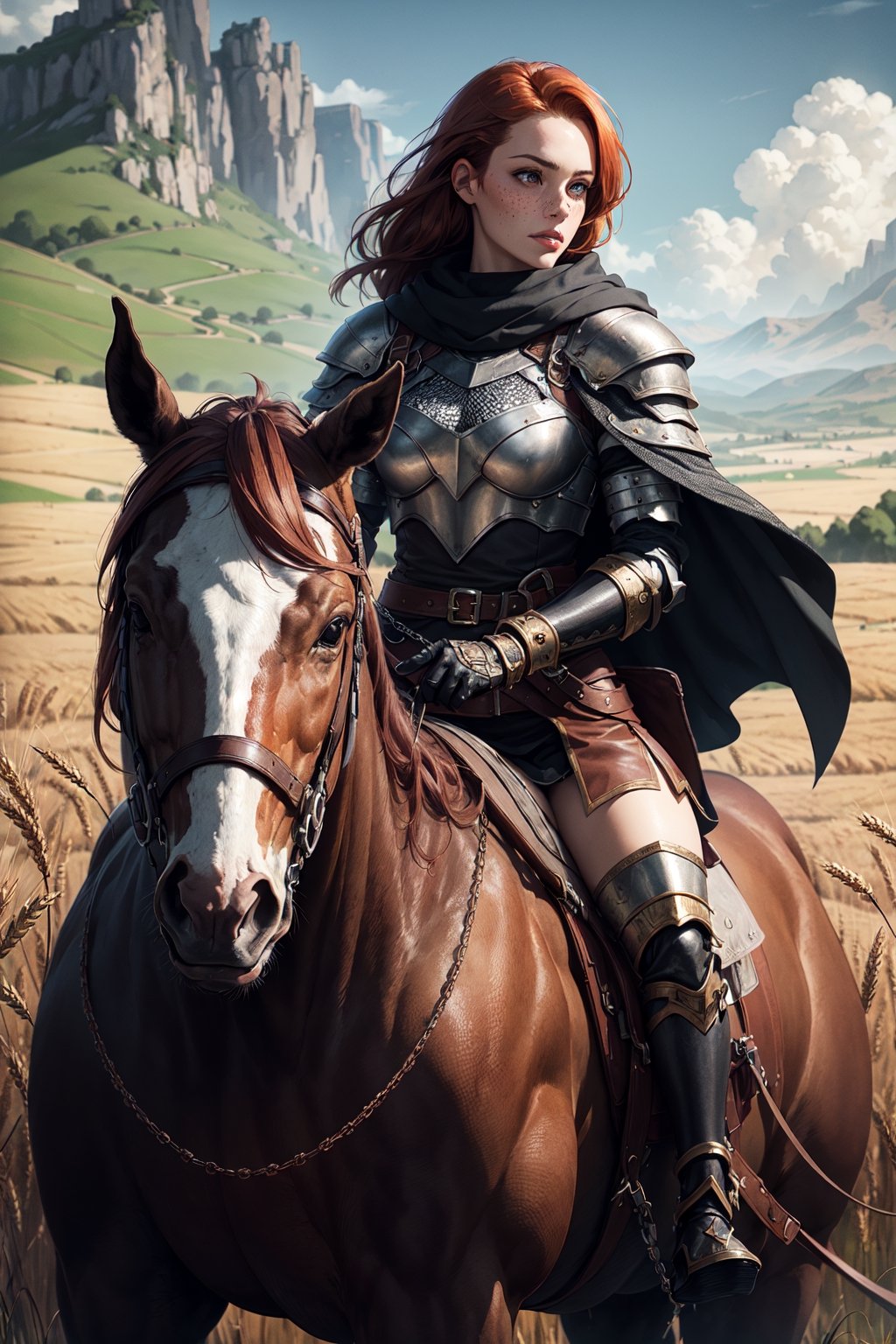 Beautiful female Rider of Rohan, auburn hair, freckles, wool cloak, chain mail shirt, leather pauldrons, leather bracers, riding a horse, scenic wheat field and hills background, extremely detailed, high_res, masterpiece, realistic