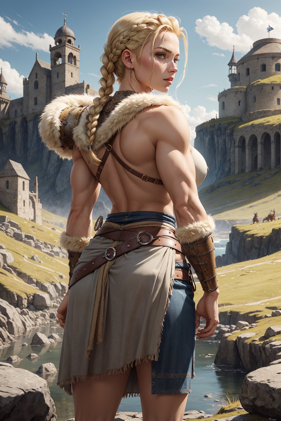 Stunningly beautiful female Viking warrior, blonde braided hair with (undercut), skimpy traditional Viking garb, wearing furs around waist, strong and muscular, viewed from the side, looking back at the viewer, scenic fantasy northern landscape, D&D, medieval fantasy, extremely detailed, high_res, masterpiece, realistic