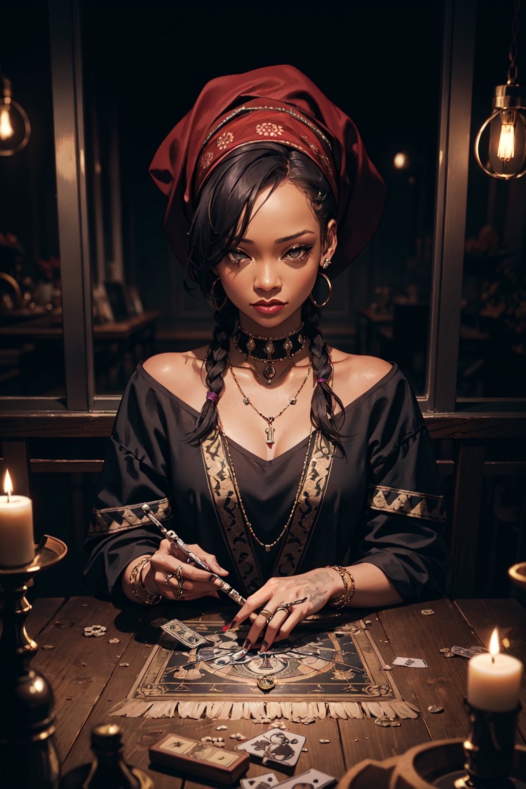 Rihanna as a voodoo gypsy witch, New Orleans vibe, nighttime, wearing a bandana in her hair, beaded bone necklaces, sitting at a small table, tarot cards on the table, dark room, extremely detailed, high_res, masterpiece, realistic