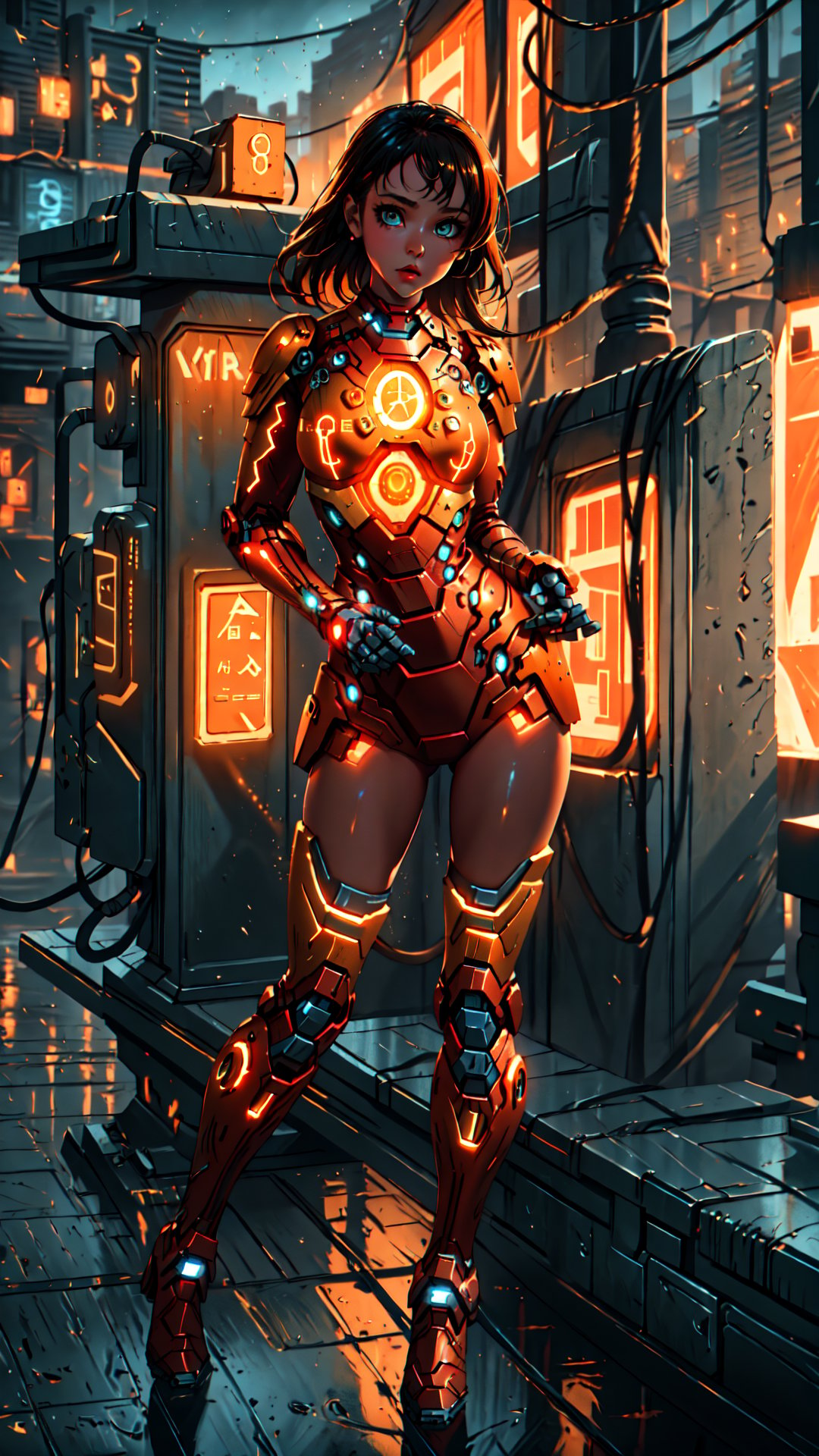 Highres, best quality, extremely detailed, area lighting in background, HD, 8k, 1girl, cute, orange ironman suit style dress, overboob,perfecteyes,c.c.