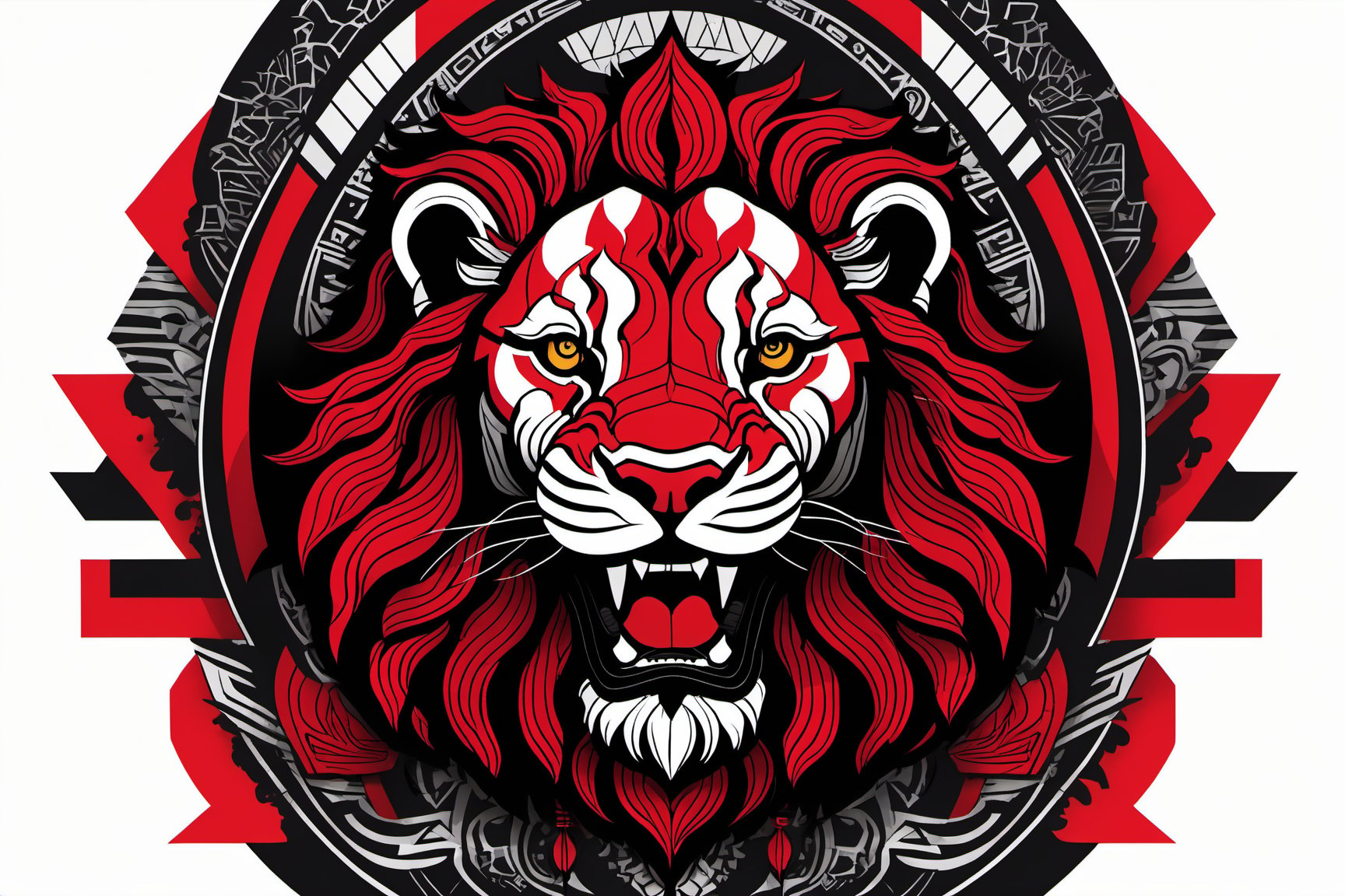 tribal art, featuring a intricately detailed girl, powerful, mysterious, high contrast, The design incorporates geometric patterns and bold linework to create a striking and powerful composition. Black background, 8k, ready to print illustration of hand drawn Lion, simple vector, black white Red, few colors and many shades, clean and sharp lines, only head