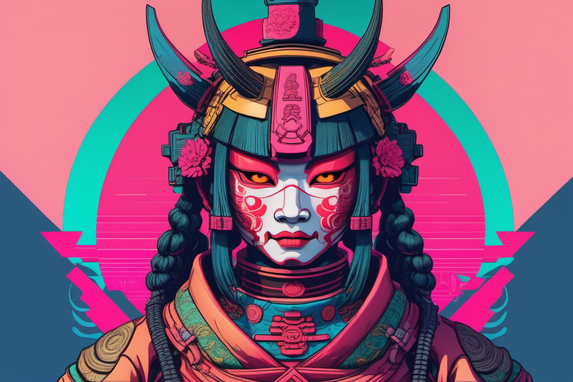 Leonardo Style, illustration, female samurai head, ,oni style ,mecha,vaporwave style