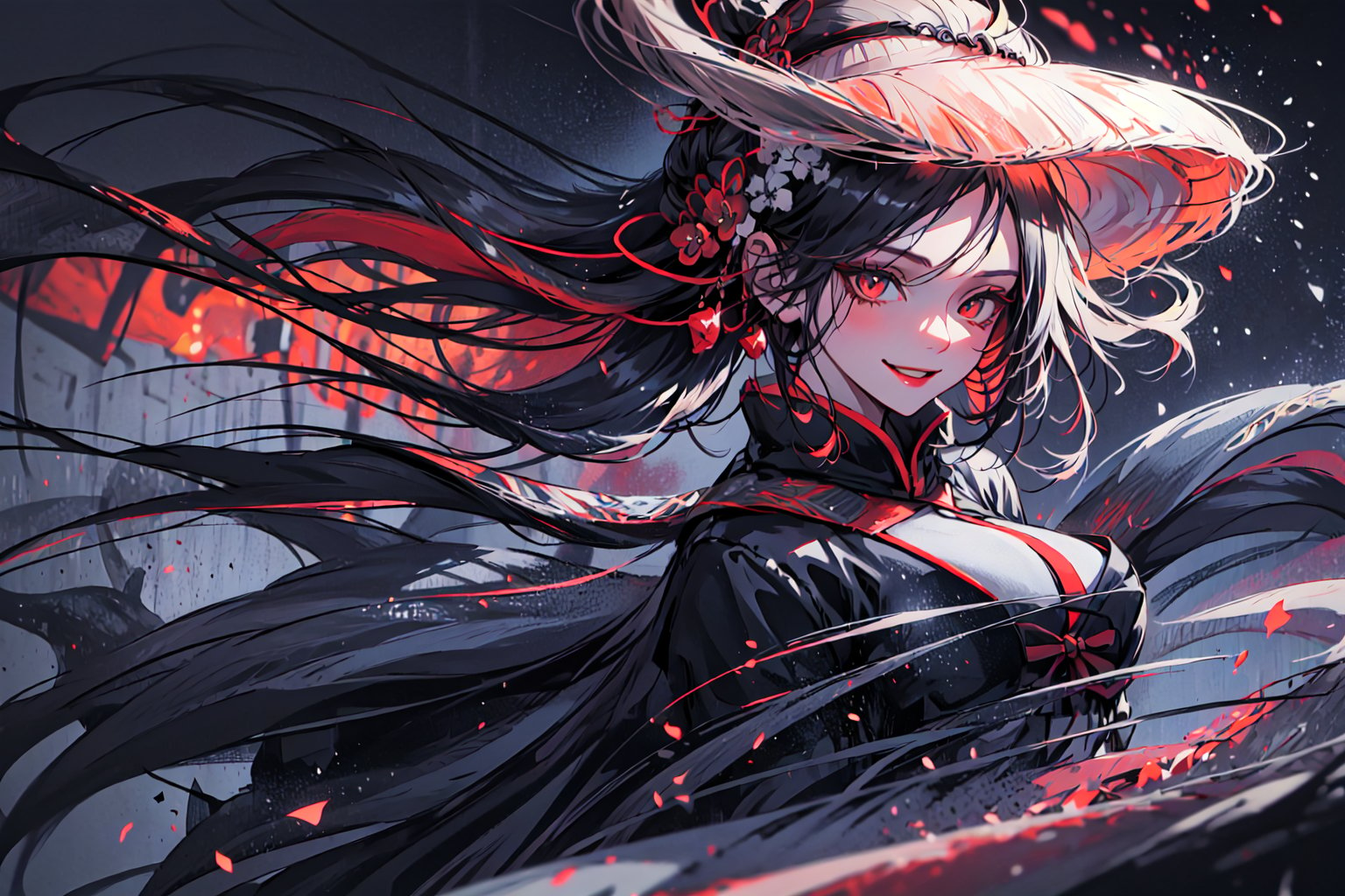 Mystical female kunoichi, perfecteyes, red theme , mute mild tones, limited colour palette , facing right, dark background, black hair, black revealing dress, wicked smile, upper body shot, seducing 