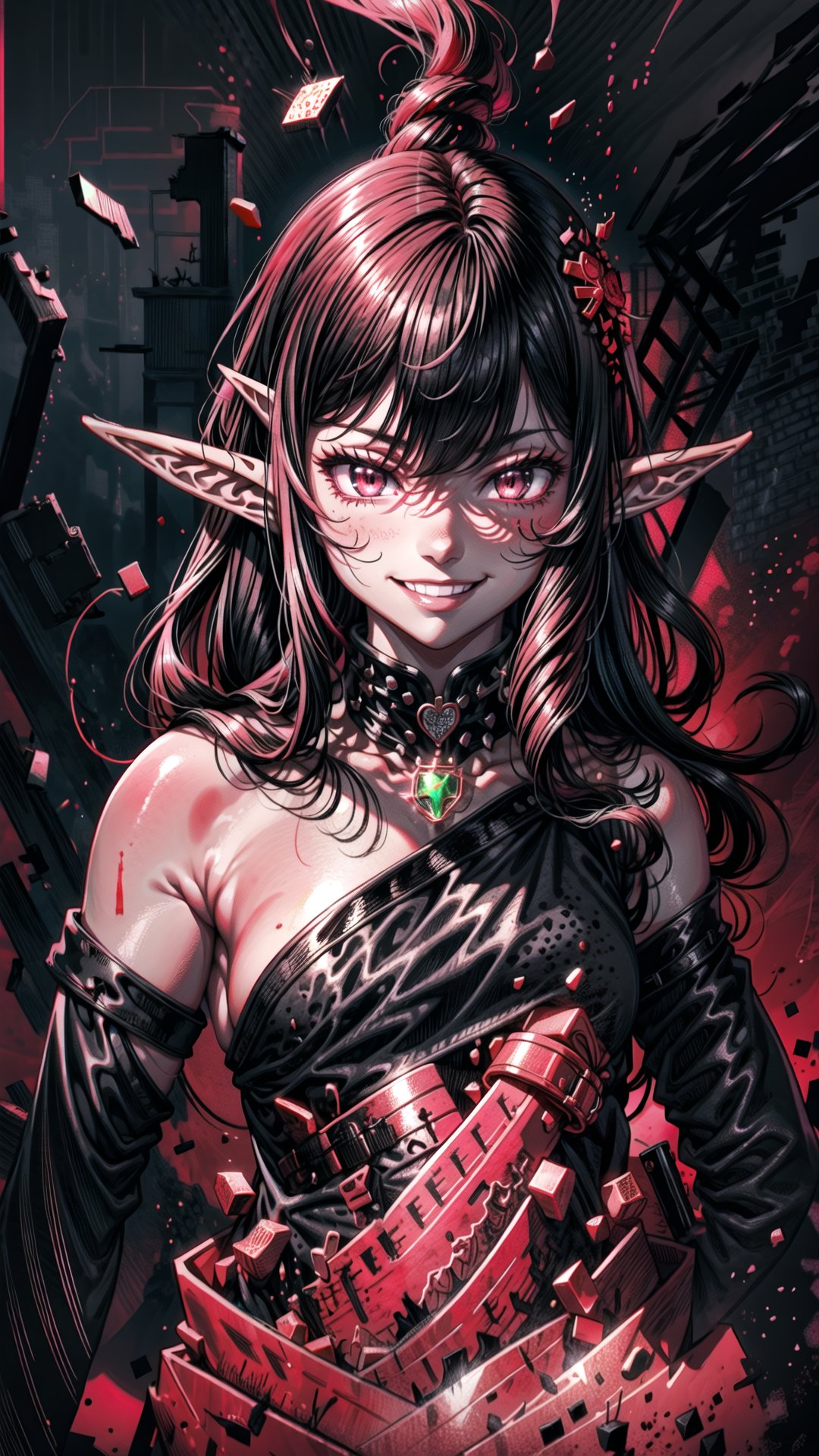 A female elf, black hair, pink eyes, royal black dress, wicked smile, perfect face, perfect eyes, ruine symbols, idol body, upper body shot, black and red background, mute midtones 