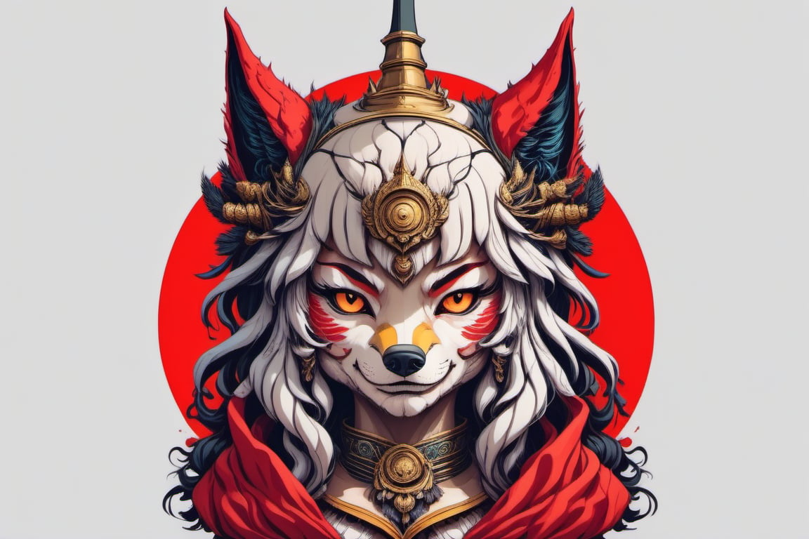 Leonardo Style, illustration, female head, wolf ears ,oni style, facing front.