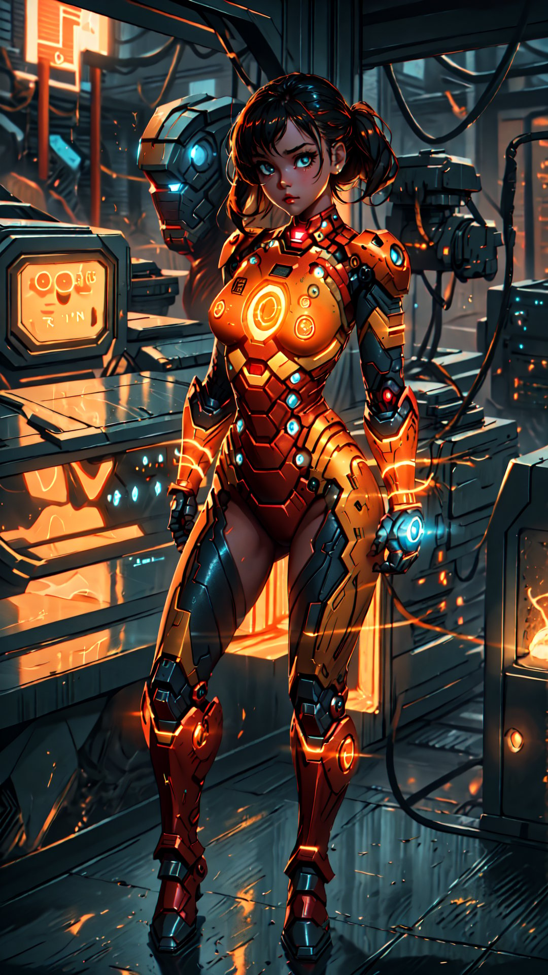 Highres, best quality, extremely detailed, area lighting in background, HD, 8k, 1girl, cute, orange ironman suit style dress, overboob,perfecteyes,c.c.