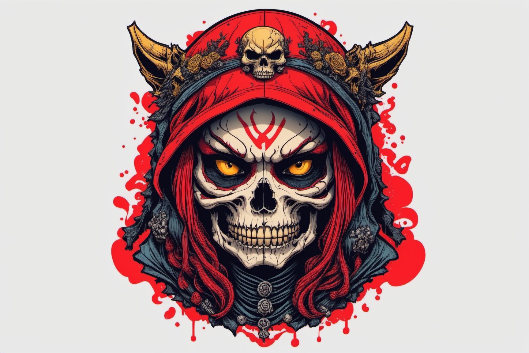 Leonardo Style, illustration, gangster female skull, only head, ,oni style