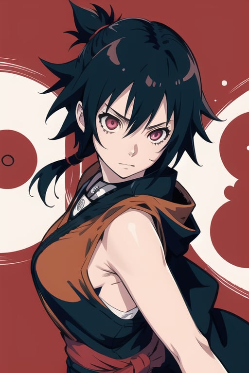 A females uchiha with sharingan eyes, no headband, mangakyo sharingan background, anime theme naruto