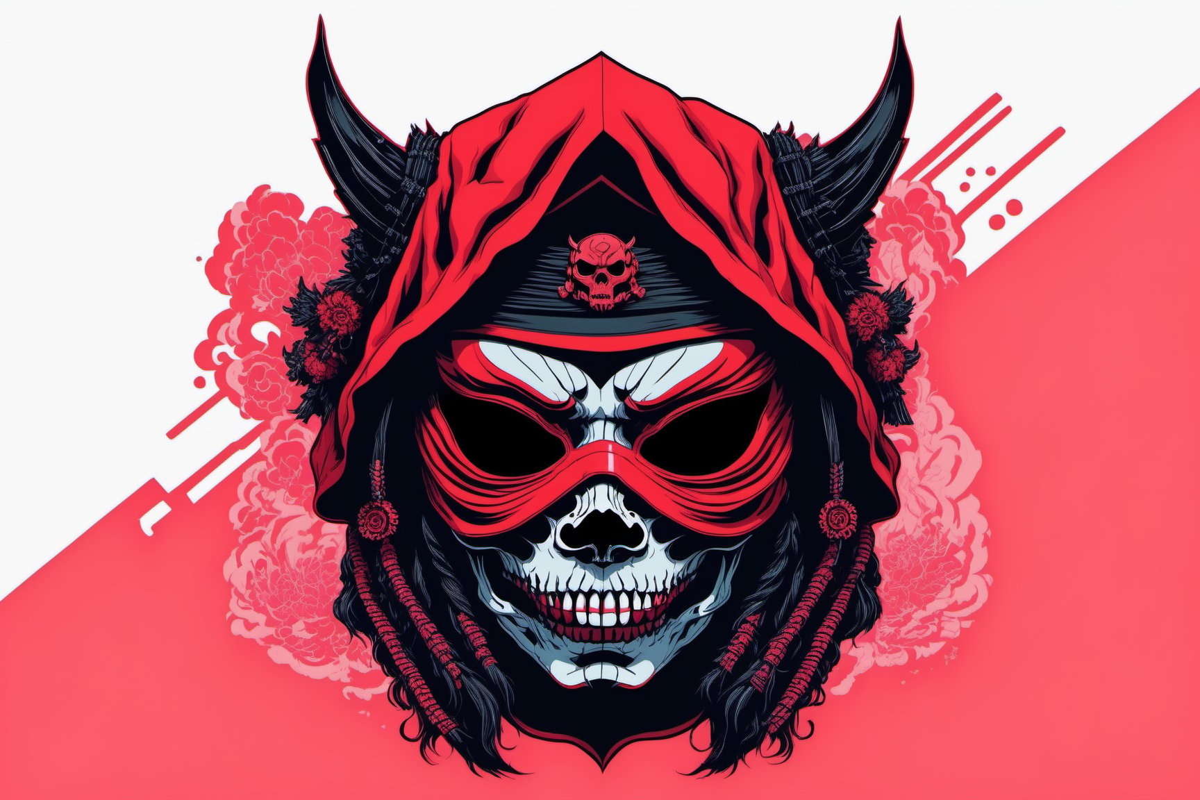 Leonardo Style, illustration, solo female ninja skull ,oni style ,vaporwave style, red and black only,vector art