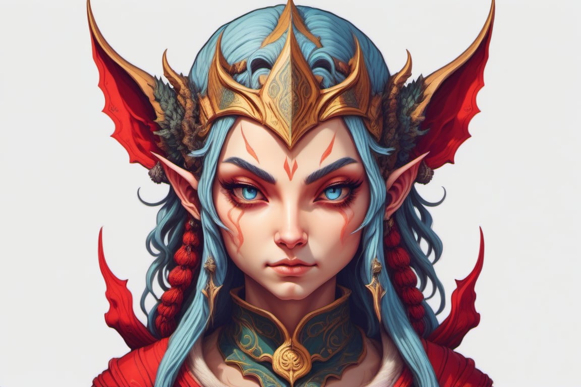 Leonardo Style, illustration, female elf head, ,oni style, facing front.