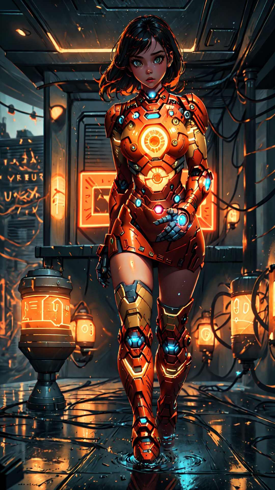 Highres, best quality, extremely detailed, area lighting in background, HD, 8k, 1girl, cute, orange ironman suit style dress, overboob,perfecteyes,c.c.