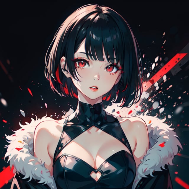 1 teen girl,solo, upper body,looking at viewer, black and red background, bob cut, short hair, black hair, makeup, black dress, , parted lips, red lips, eyeliner, cleavage cutout,walkure /(takt op./), Mute midtones 