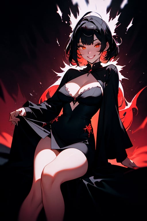 absurdres, highres, ultra detailed, (1girl:1.3),BREAK, infrared photography, otherworldly hues, surreal landscapes, unseen light, ethereal glow, vibrant colors, ghostly effect, unique pose, cleavage, medium_breasts, sadistic smile, short dress, black hair, very detailed black dress, red black background, mute midtones 