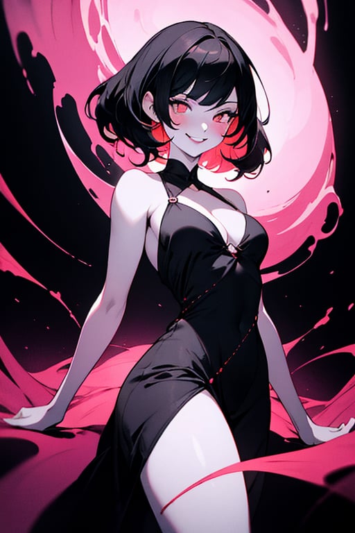 absurdres, highres, ultra detailed, (1girl:1.3),BREAK, infrared photography, otherworldly hues, surreal landscapes, unseen light, ethereal glow, vibrant colors, ghostly effect, unique pose, cleavage, medium_breasts, sadistic smile, short dress, black hair, very detailed black dress, red and black background, mute midtones 