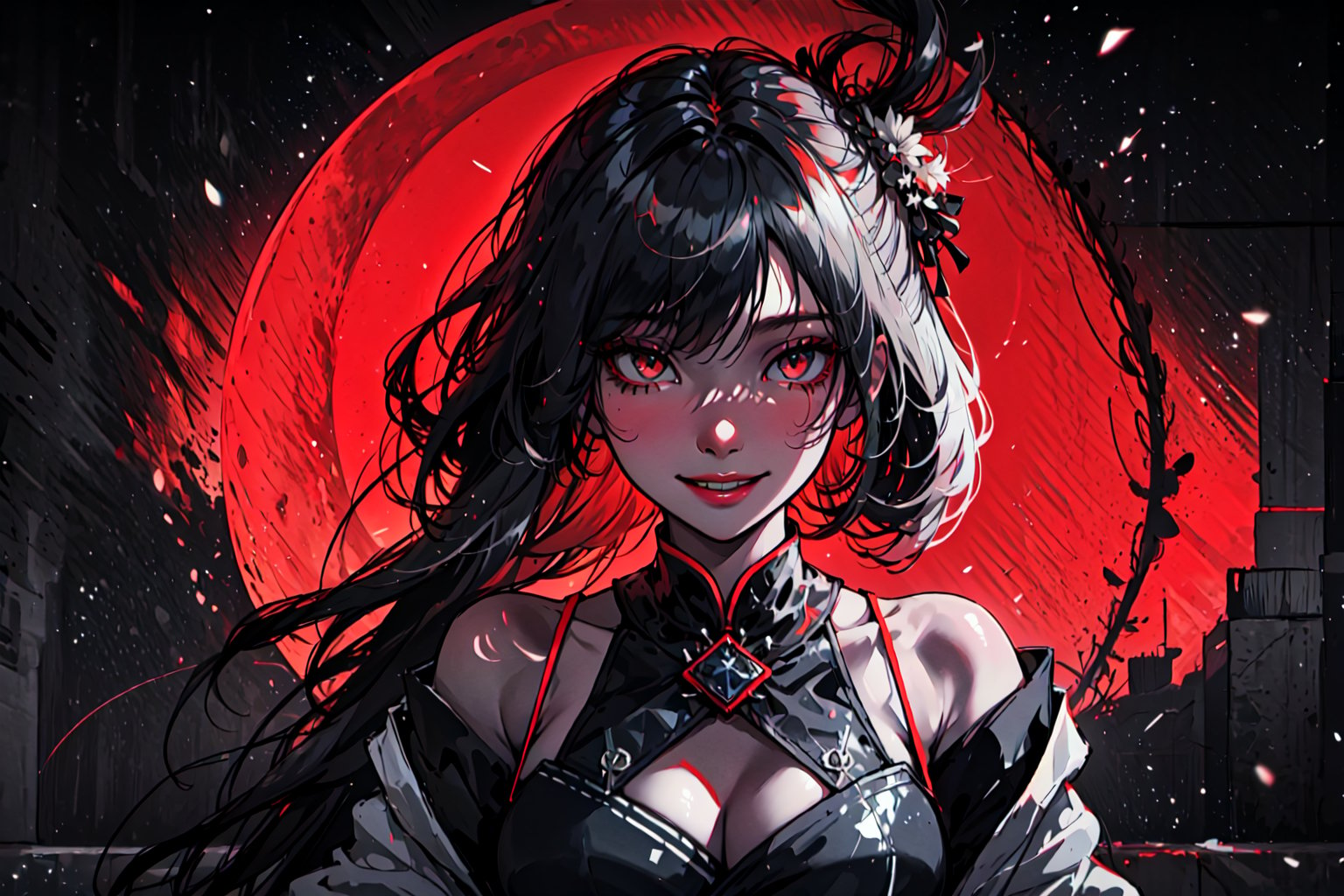 Mystical female Samurai, perfecteyes, red theme , mute mild tones, limited colour palette , facing front, dark background, black hair, black revealing dress, wicked smile, upper body shot, seducing 