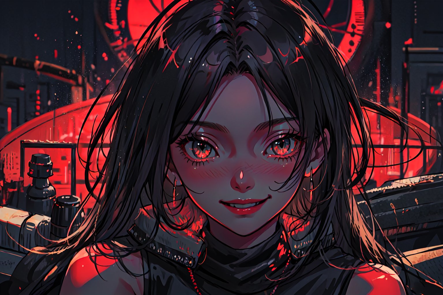 Mystical female Samurai gangster, perfecteyes, red theme , mute mild tones, limited colour palette , facing front, dark background, black hair, black revealing dress, wicked smile, only head