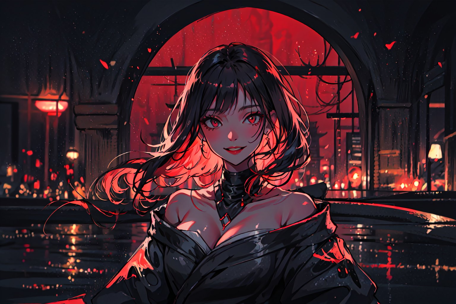 Mystical female Samurai, perfecteyes, red theme , mute mild tones, limited colour palette , facing front, dark background, black hair, black revealing dress, wicked smile, upper body shot, seducing 