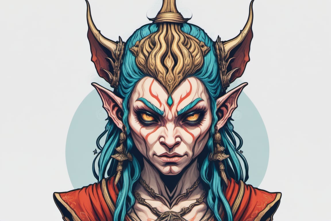 Leonardo Style, illustration, thug female elf head, ,oni style, facing front.