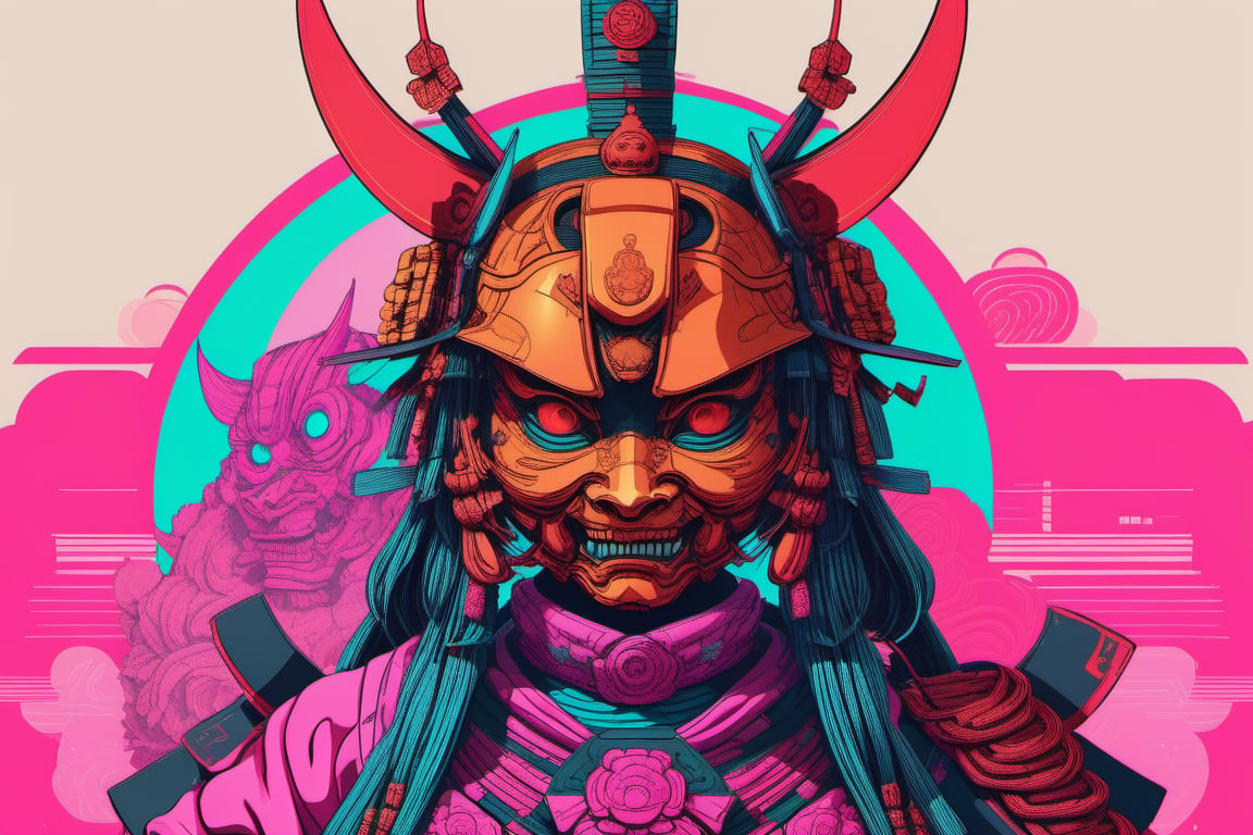 Leonardo Style, illustration, female samurai head, ,oni style ,mecha,vaporwave style