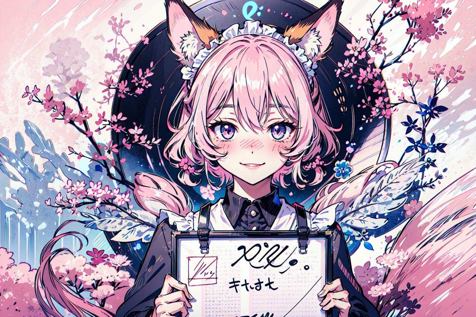 Female hot anime character, blushing, with fox tail and ear, maid uniform, holding a large blank white board with Two hands in front of her, smiling at viewer. Standing in front of pink and white background ,no_humans,perfecteyes