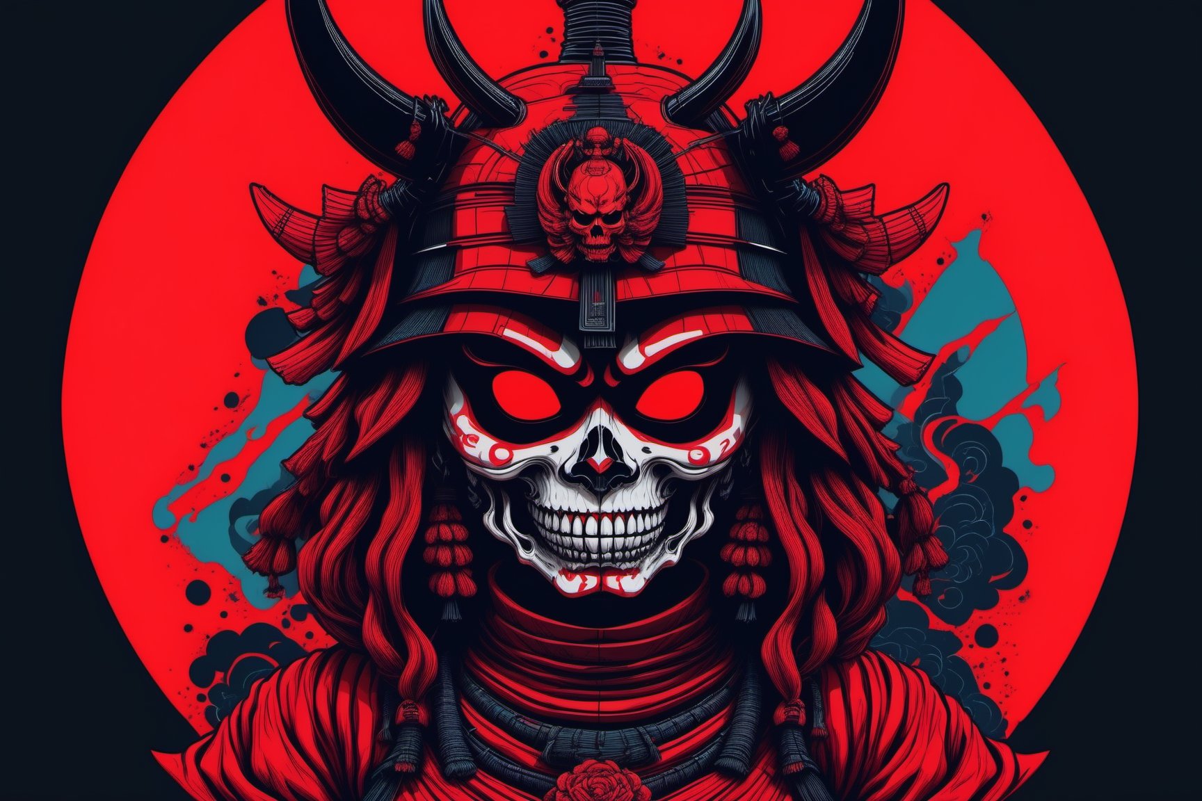 Leonardo Style, illustration, solo female samurai skull ,oni style ,vaporwave style, red and black only,vector art