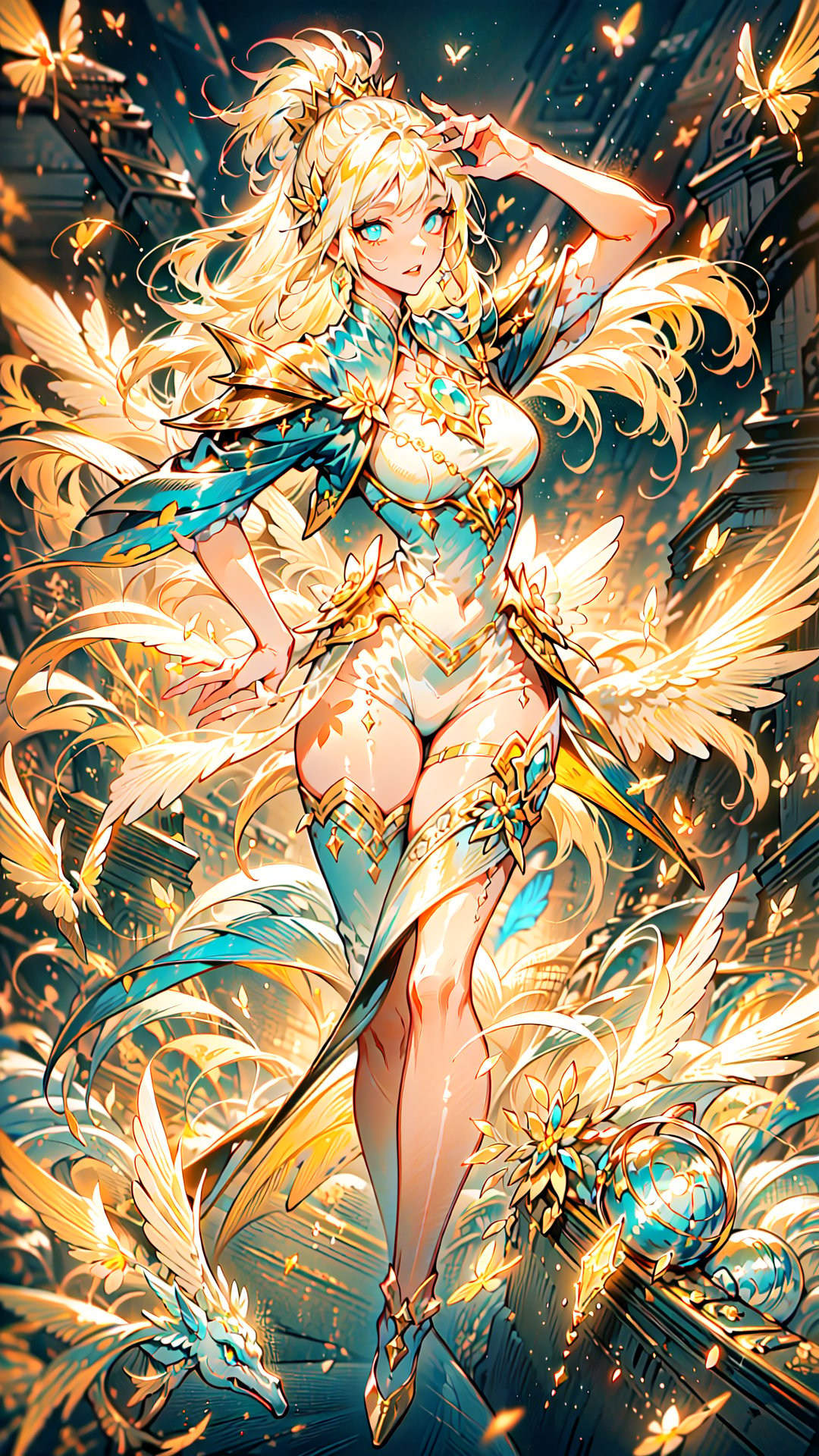 masterpiece, best quality, illustration, full body facing viewer, a beautiful witch casting a spell with planets around her, ornate white yellow and gold wizard clothes, white and yellow with yellow jewels, elegant, detailed celestial environment, luminous aura,  (dynamic lighting:1.2), cinematic lighting, delicate elegant facial features, detailed eyes,  blueeyes, long yellow hair, realistic pupils, depth of field, sharp focus, (hyper-detailed, bloom, glow:1.4), yellow hair, full lips, bright blue eyes, mystical atmosphere, kind face,Dark Fantasy,no_humans,1 girl