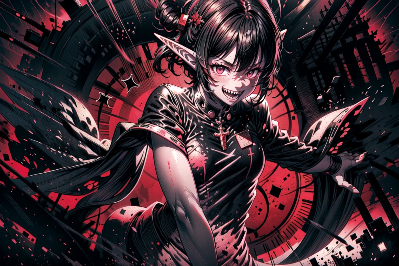 A female elf, black hair, pink eyes, royal black dress, wicked smile, perfect face, perfect eyes, ruine symbols, idol body, upper body shot, black and red background, mute midtones, mad laughing, sharp_teeth