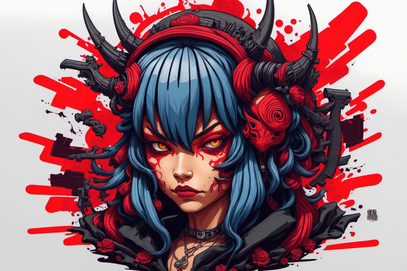 Leonardo Style, illustration, female gangster head, ,oni style