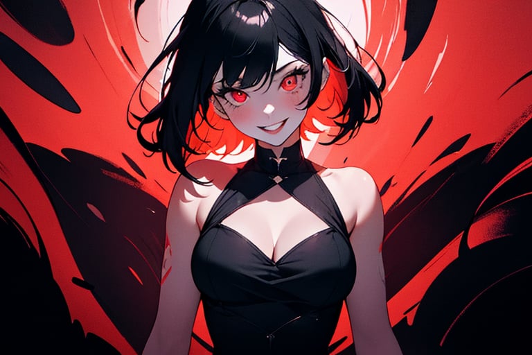 absurdres, highres, ultra detailed, (1girl:1.3),BREAK, infrared photography, otherworldly hues, surreal landscapes, unseen light, ethereal glow, vibrant colors, ghostly effect, unique pose, cleavage, medium_breasts, sadistic smile, short dress, black hair, very detailed black dress, red black background, mute midtones 