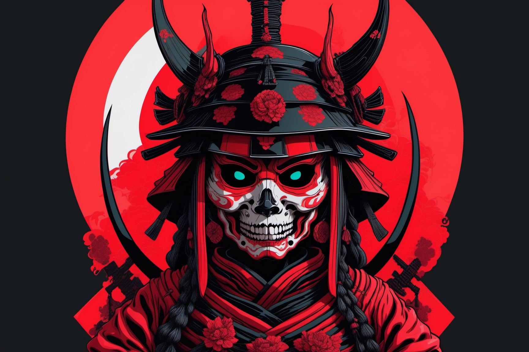 Leonardo Style, illustration, solo female samurai skull ,oni style ,vaporwave style, red and black only,vector art