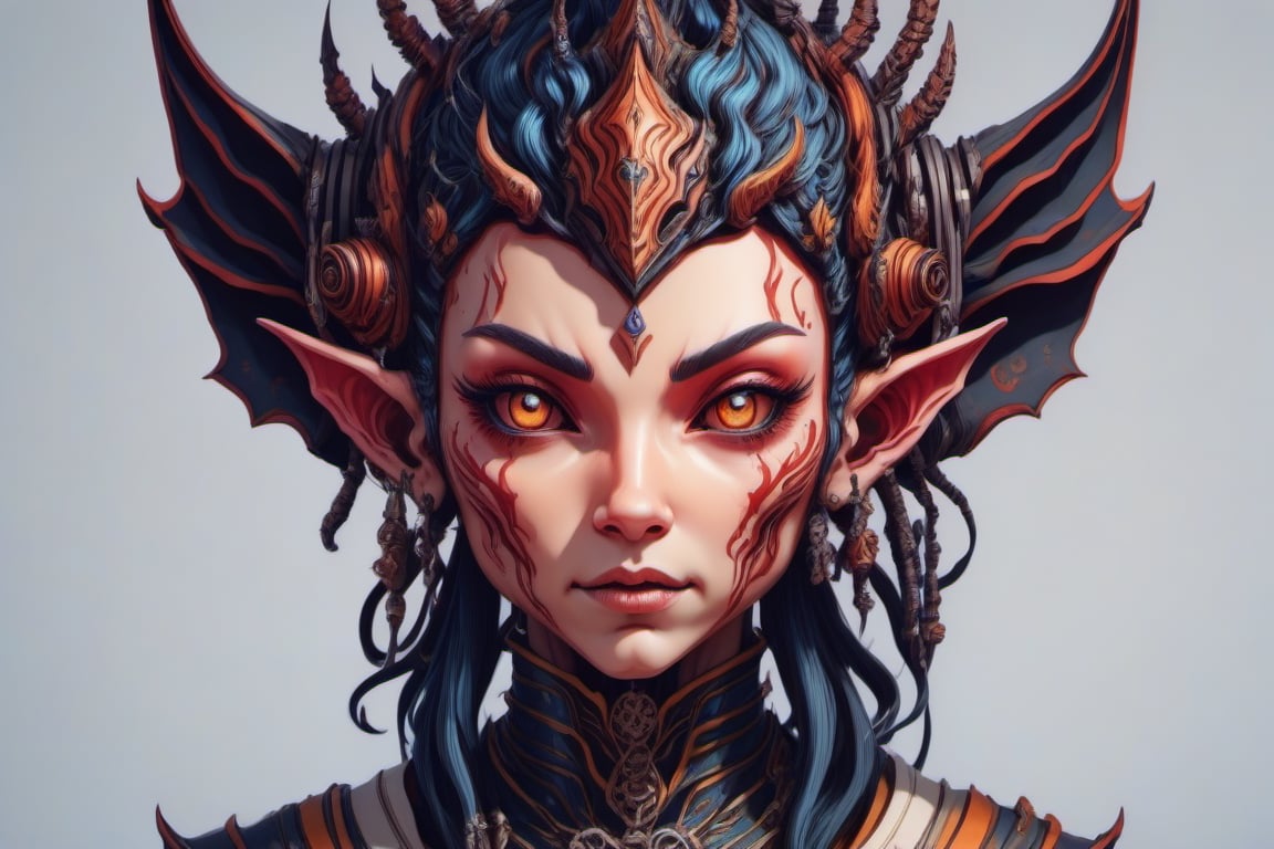 Leonardo Style, illustration, female elf head, ,oni style, facing front.,cyborg style