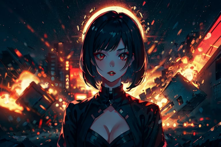 1 teen girl,solo, upper body,looking at viewer, black and red background, bob cut, short hair, black hair, makeup, black dress, , parted lips, red lips, eyeliner, cleavage cutout,walkure /(takt op./), Mute midtones 