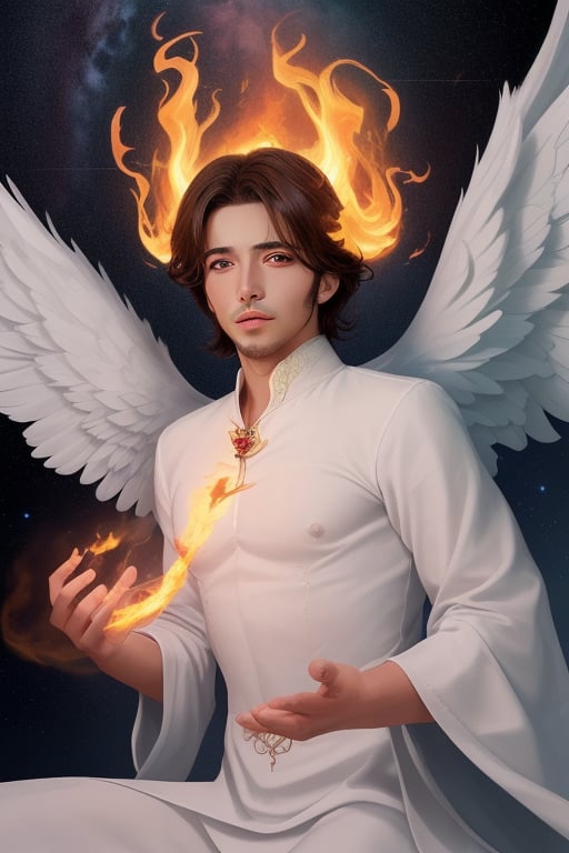 angel, querubin, de fuego, hermoso, hombre,
 celestial, con alas grandes, ojos de fuego, de gran pureza, mirada penetrante, imagen de alta calidad

